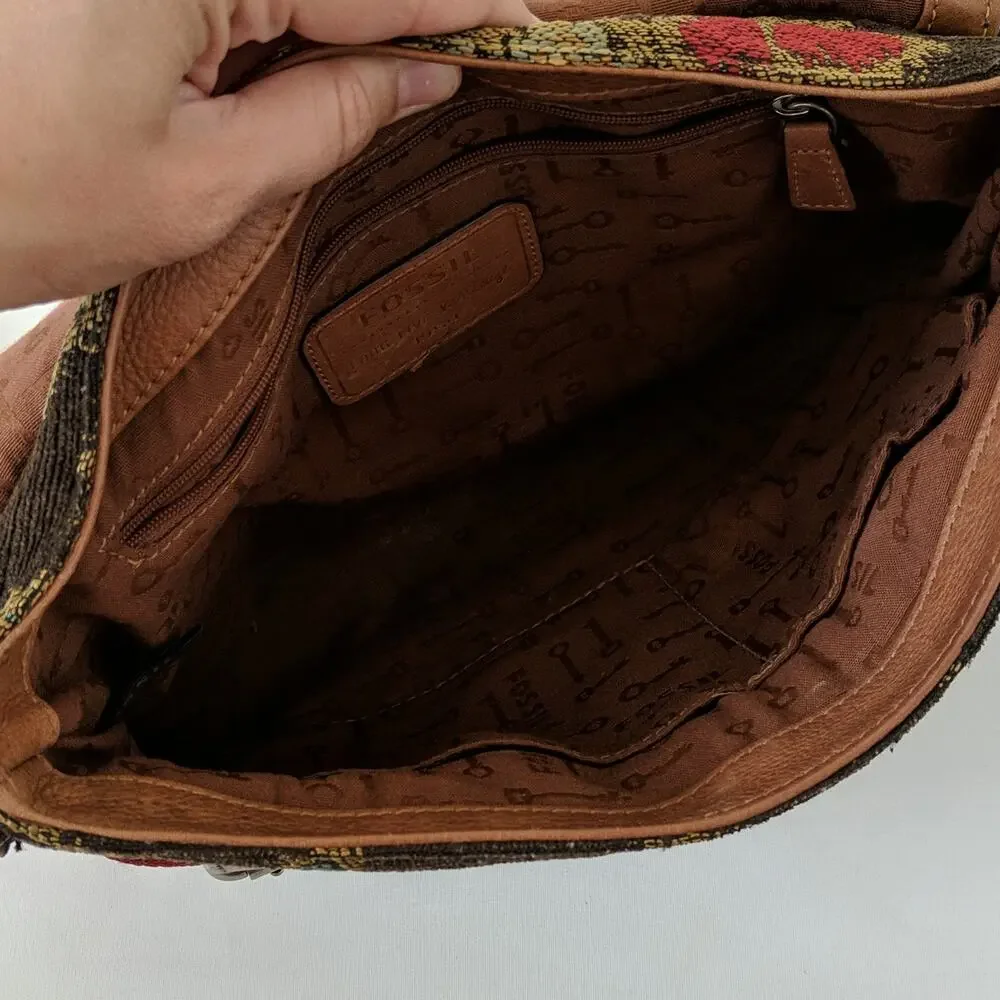 Long Live Vintage Fossil 1954 Maddox Brown Leather Tapestry Messenger Purse RARE